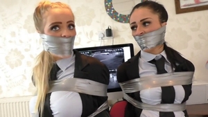 Pretty brunette really likes submissive tied up in office