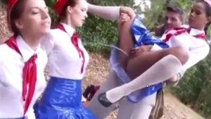 Hot cadet upskirt foursome outdoors